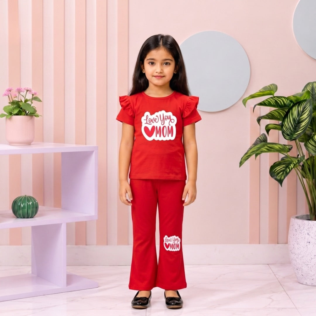 Red Love You Mom girl T-shirt --Long Pant Sets