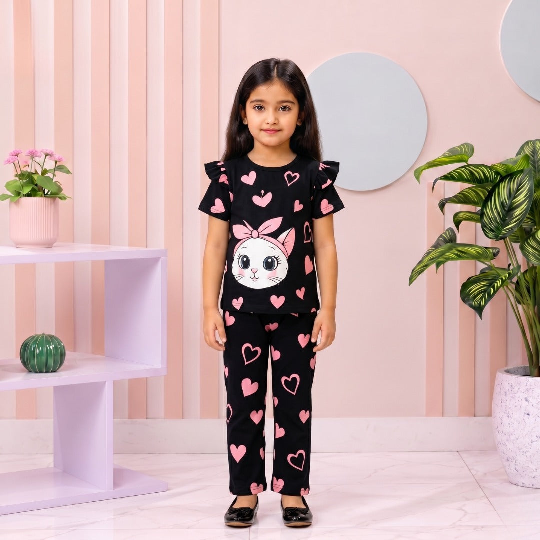 Black lovely cat girl T-shirt --Long Pant Sets