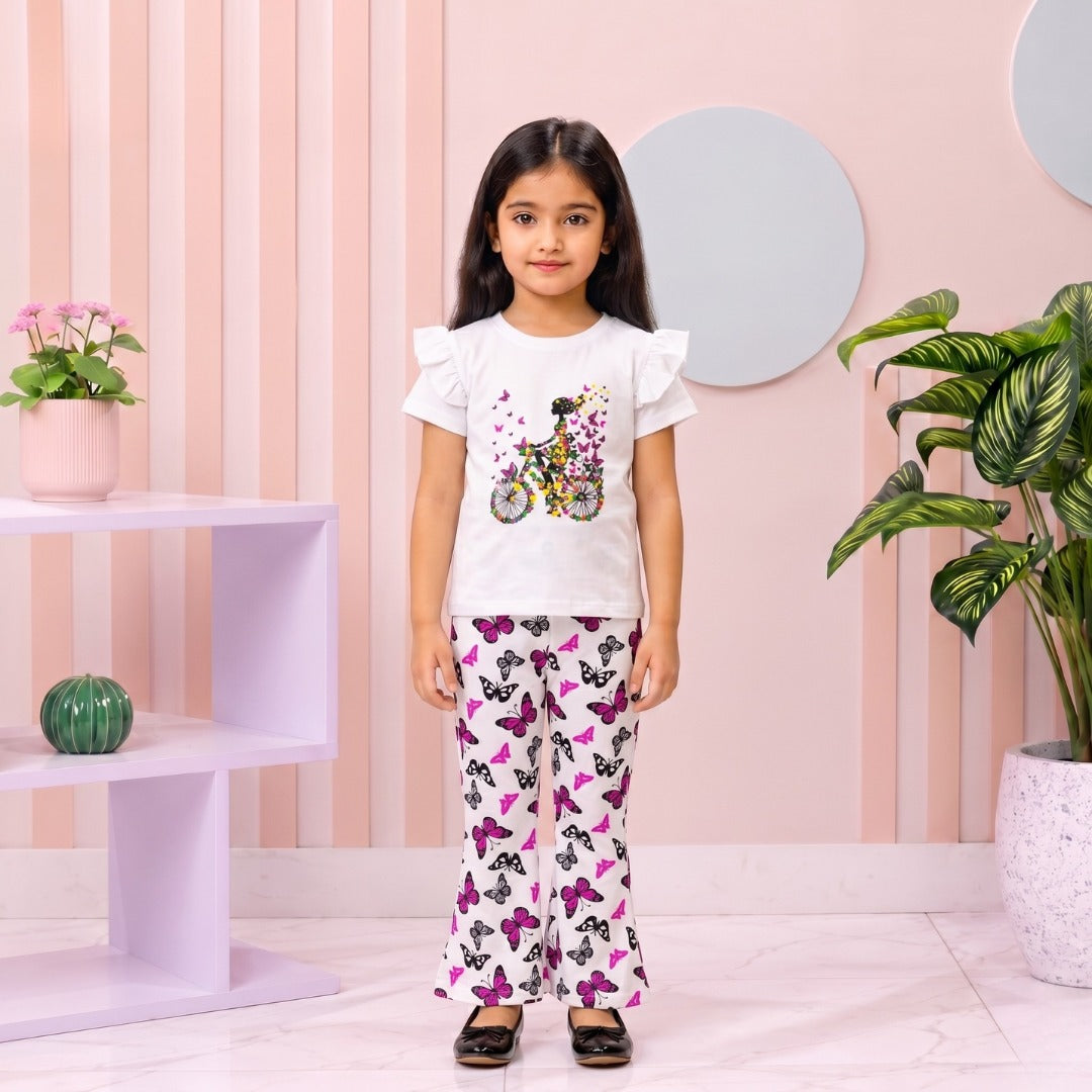 White cycle butterfly girl T-shirt --Long Pant Sets