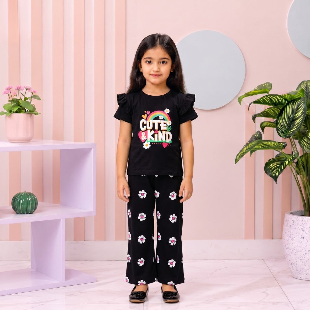 Black Cute Kind girl T-shirt --Long Pant Sets