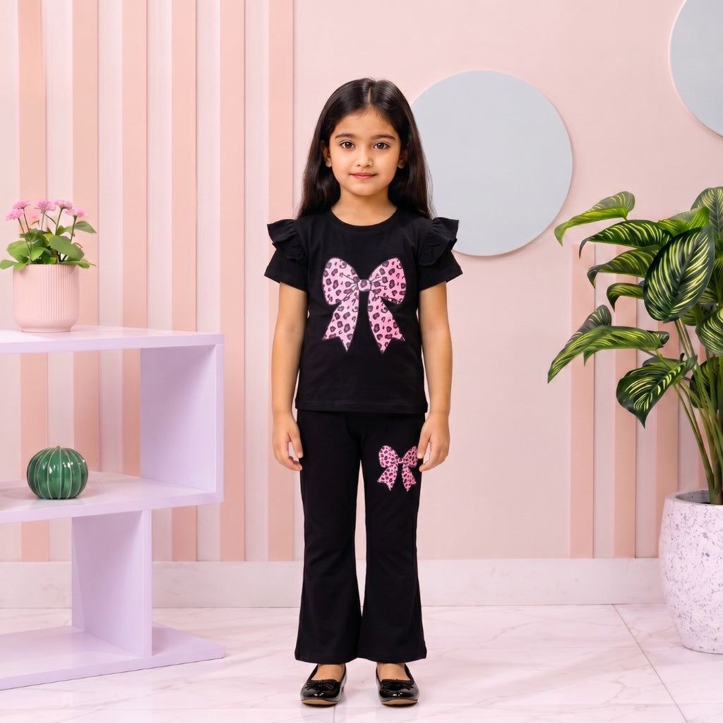 Black,Pink Leopard Beni girl T-shirt --Long Pant Sets