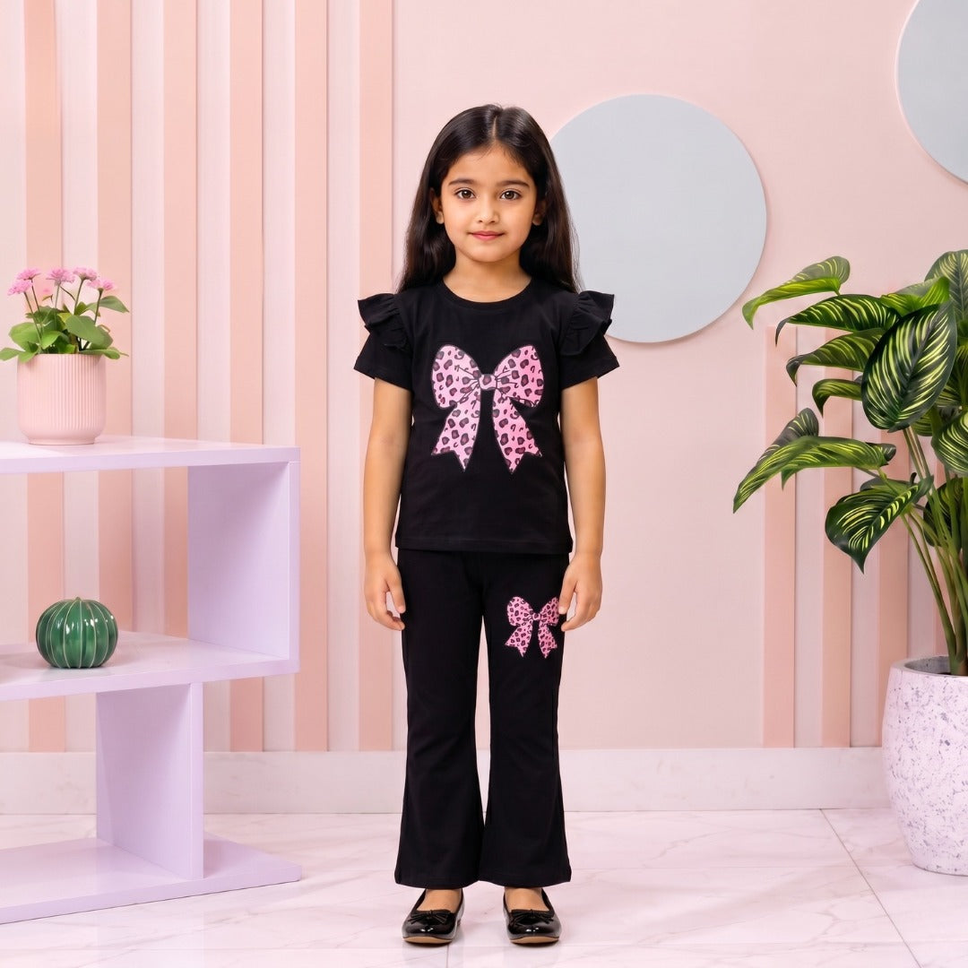 Black,Pink Leopard Beni girl T-shirt --Long Pant Sets