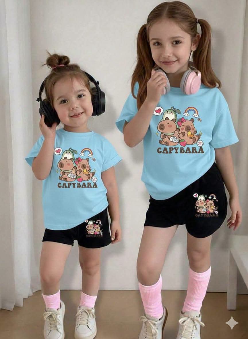 Azure Meadow Capybara Graphic Cotton Shorts Set