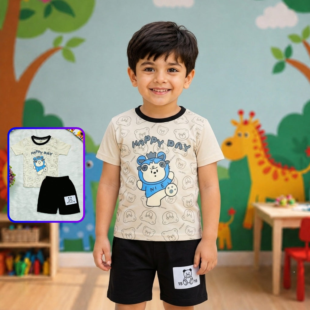 Happy Teddy Monogram Pattern Boys Summer outfit