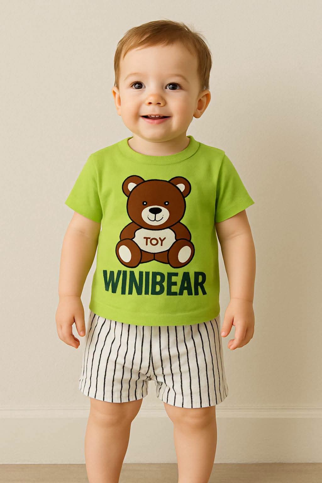 Playful Striped Forest Bear Boys Summer Outfit
