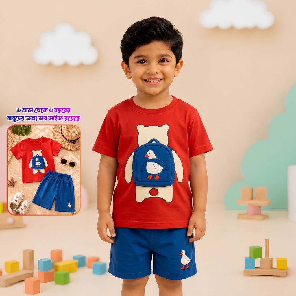 Happy Teddy Monogram Pattern Boys Summer Outfit