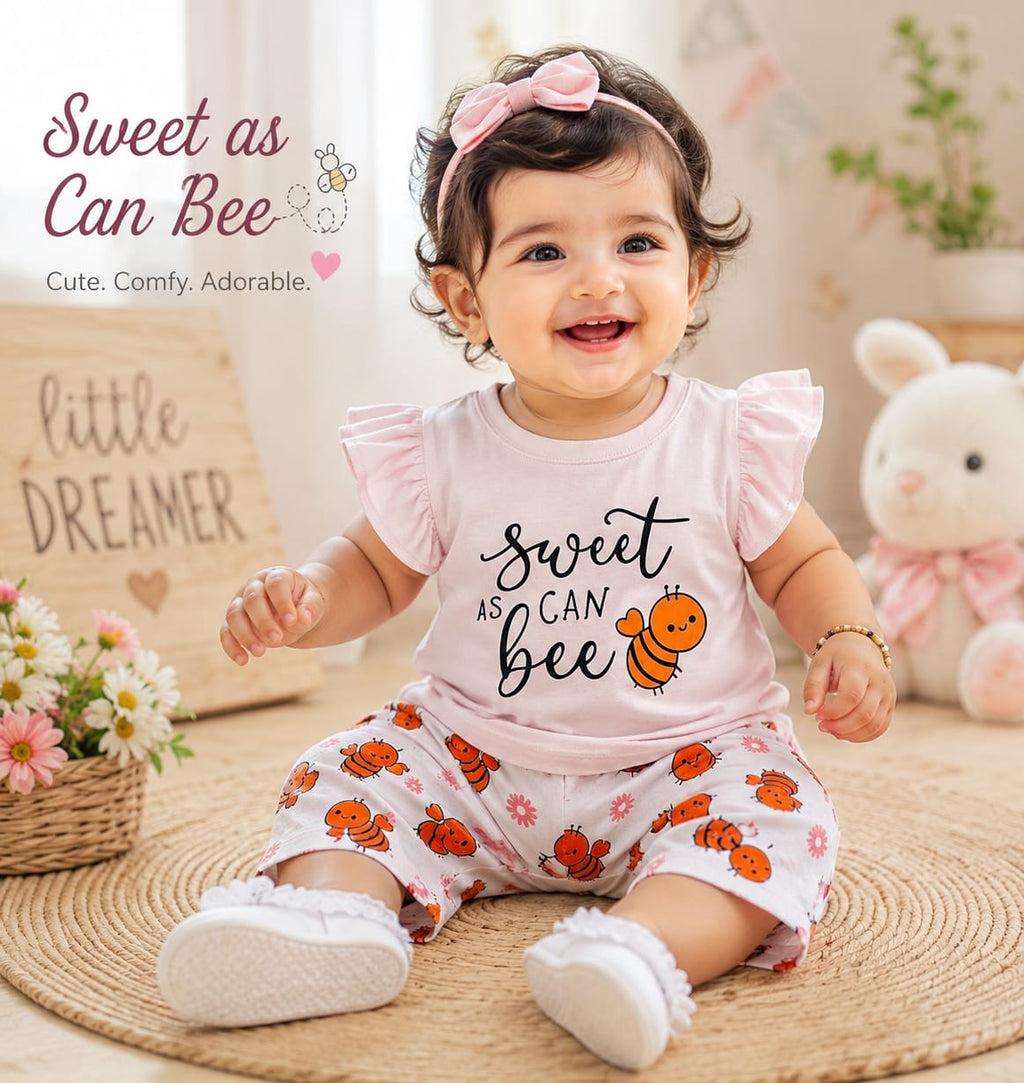 Little Honeybee Ruffle Sleeve Girls Cotton Outfit