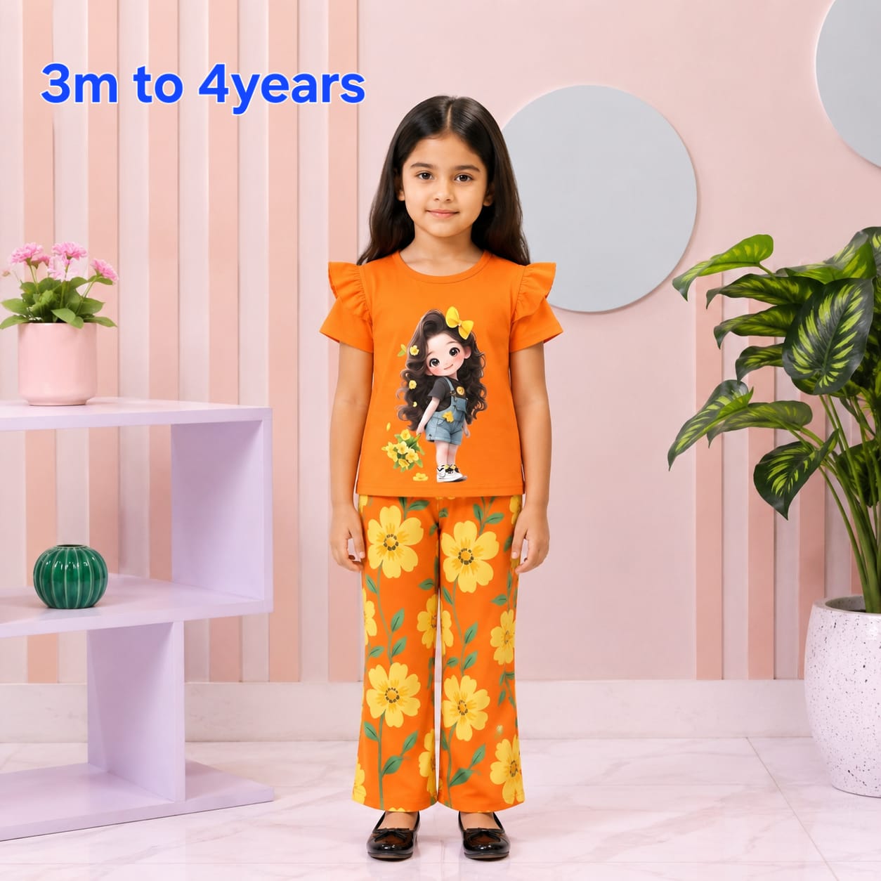 Sunset Marigold Floral Flutter Sleeve Girls Outfit