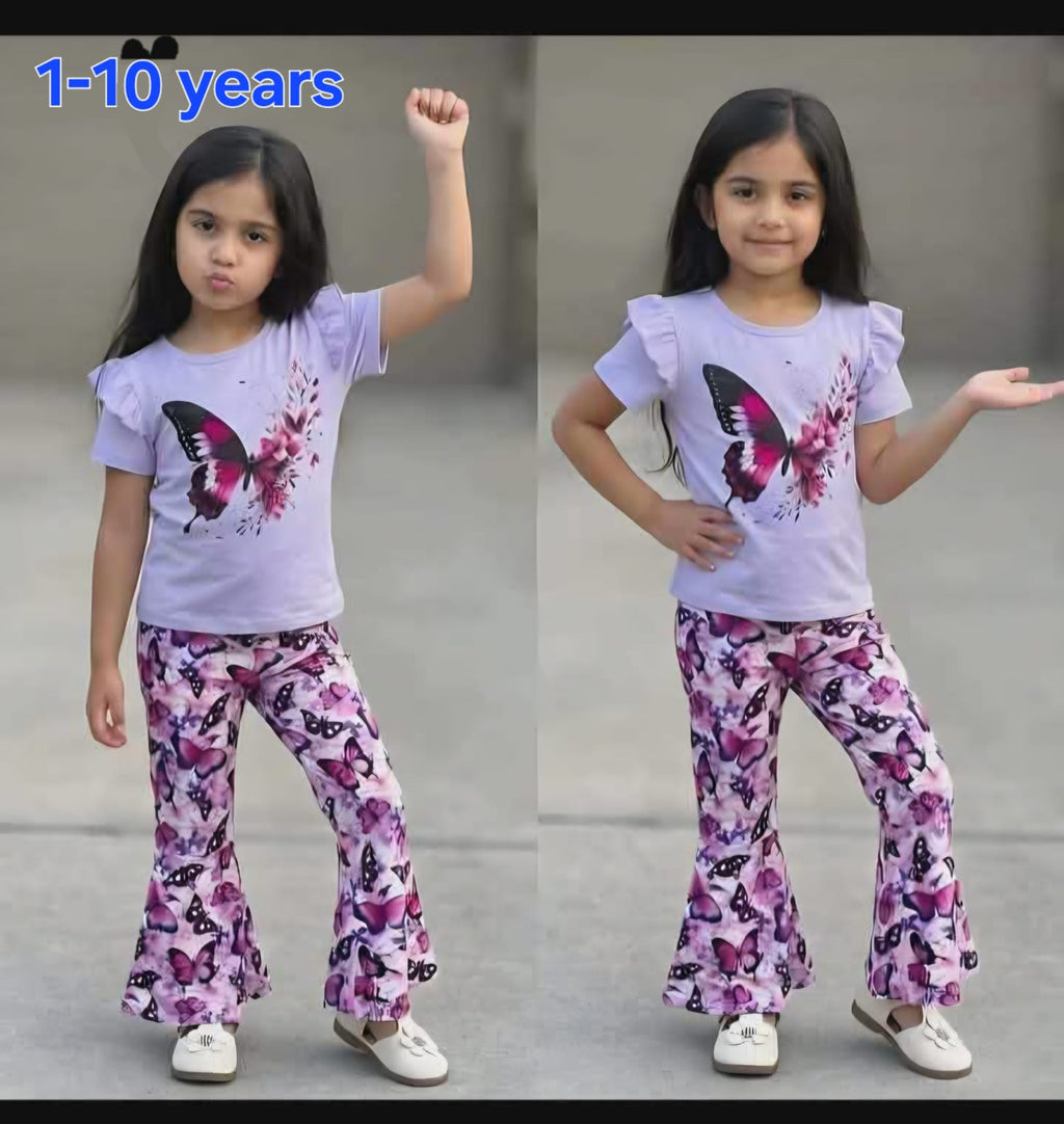 Lavender Butterfly Flutter Sleeve Flared Casual Set