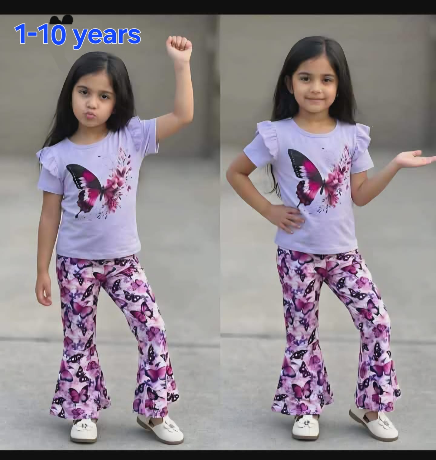Lavender Butterfly Flutter Sleeve Flared Casual Set