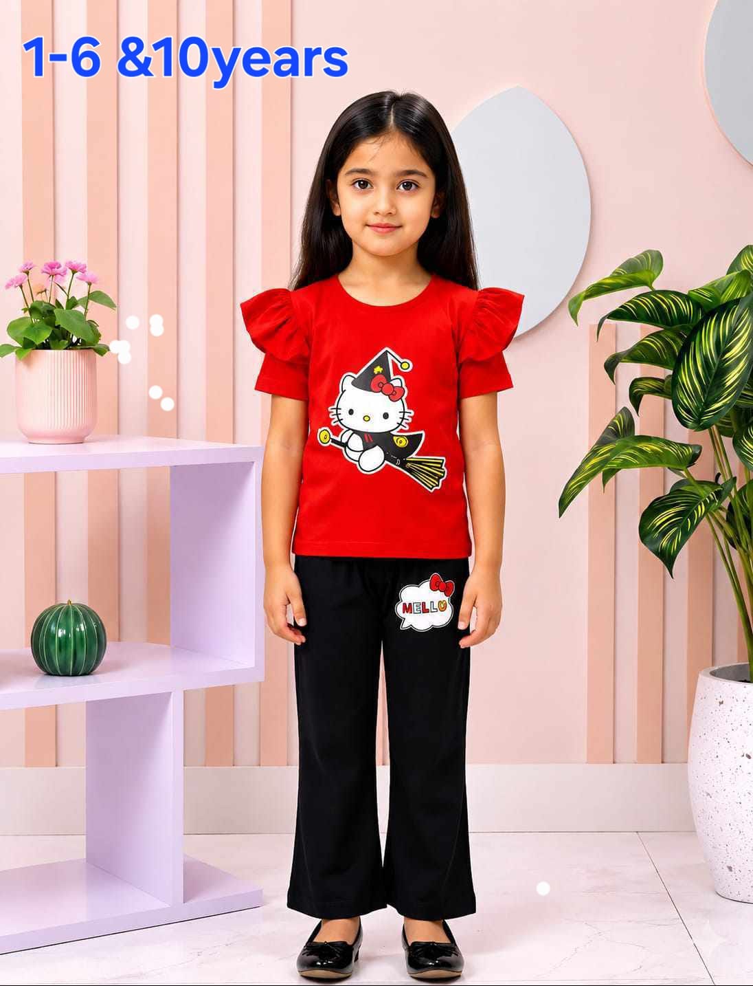 Crimson Magical Kitty Flutter Sleeve Casual Set