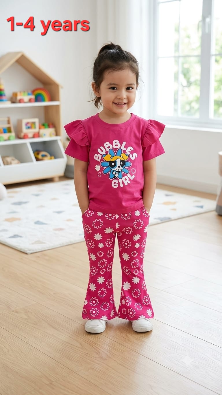 Fuchsia Cartoon Hero Blossom Ruffle Summer Outfit