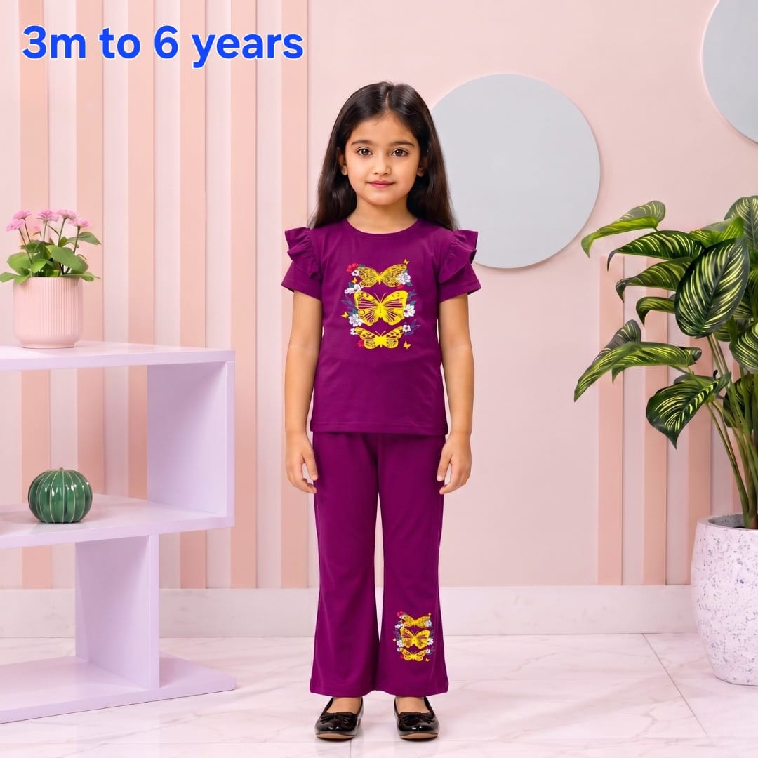Premium Girls Plum Butterfly Flutter Sleeve Co-Ord Set