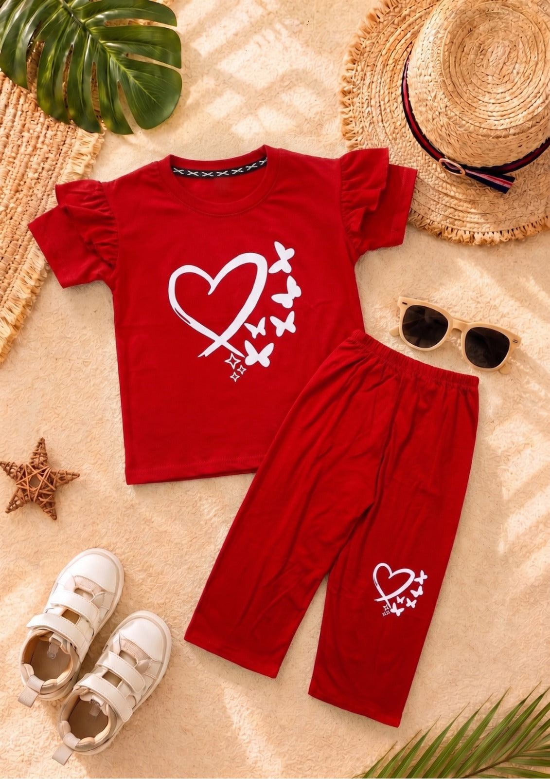 Red Love girl T-shirt --Long Pant Sets