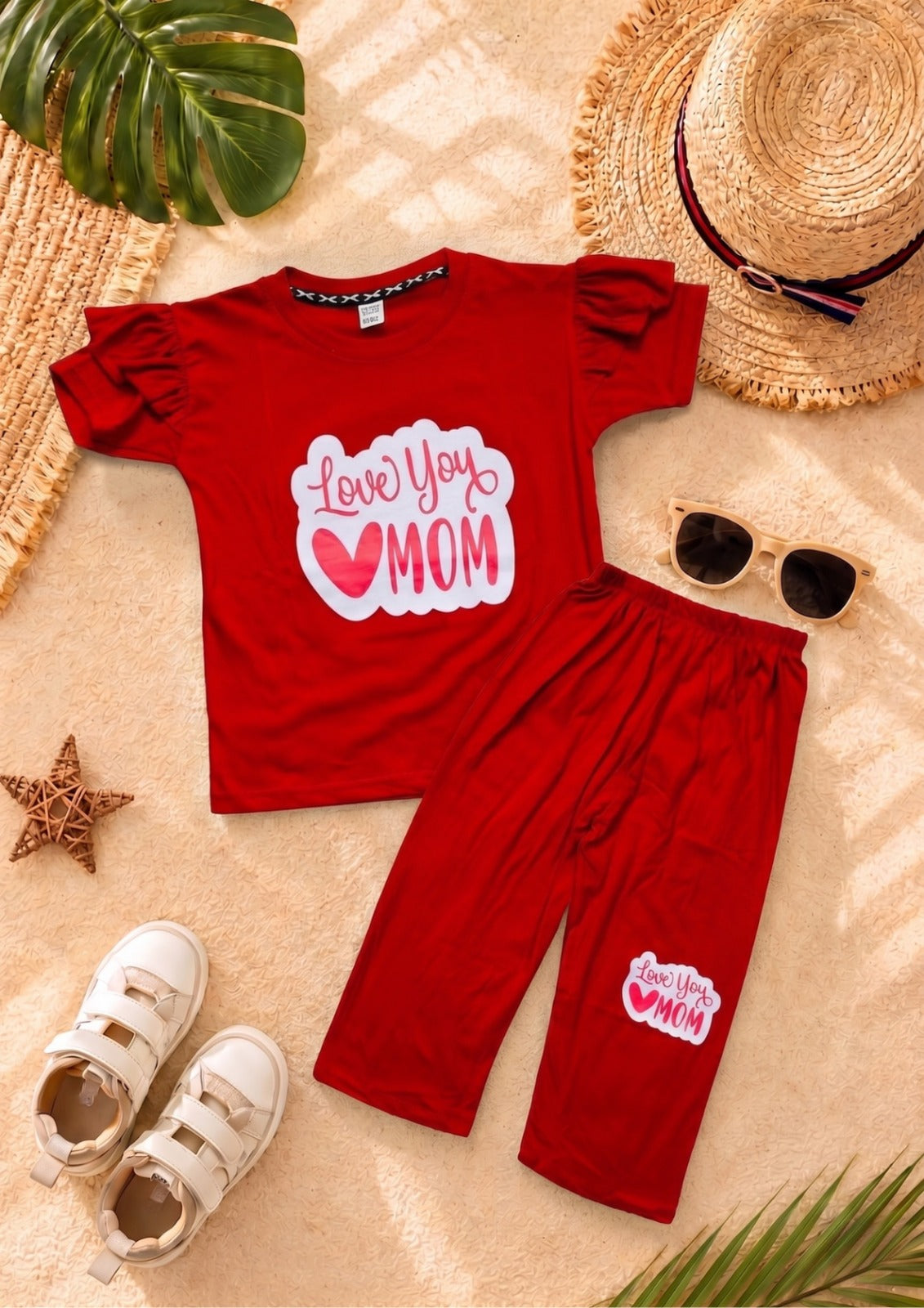 Red Love You Mom girl T-shirt --Long Pant Sets