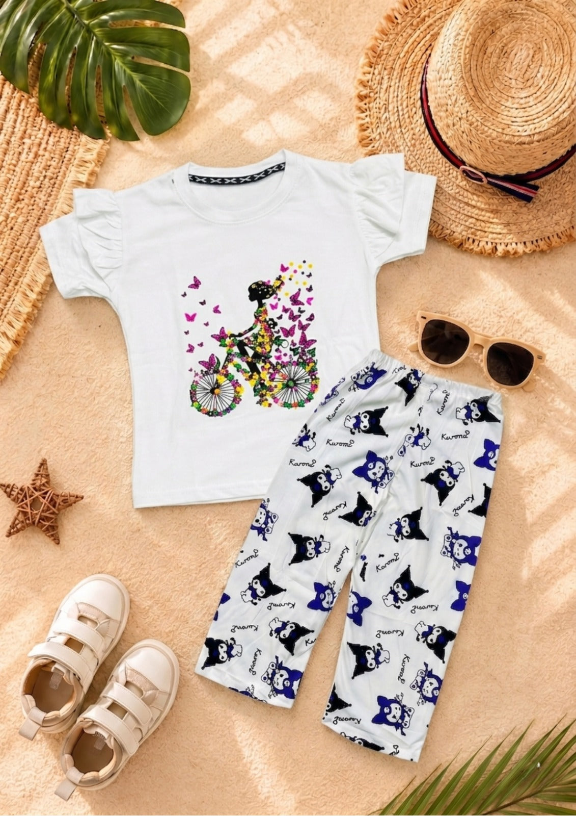 White cycle butterfly girl T-shirt --Long Pant Sets