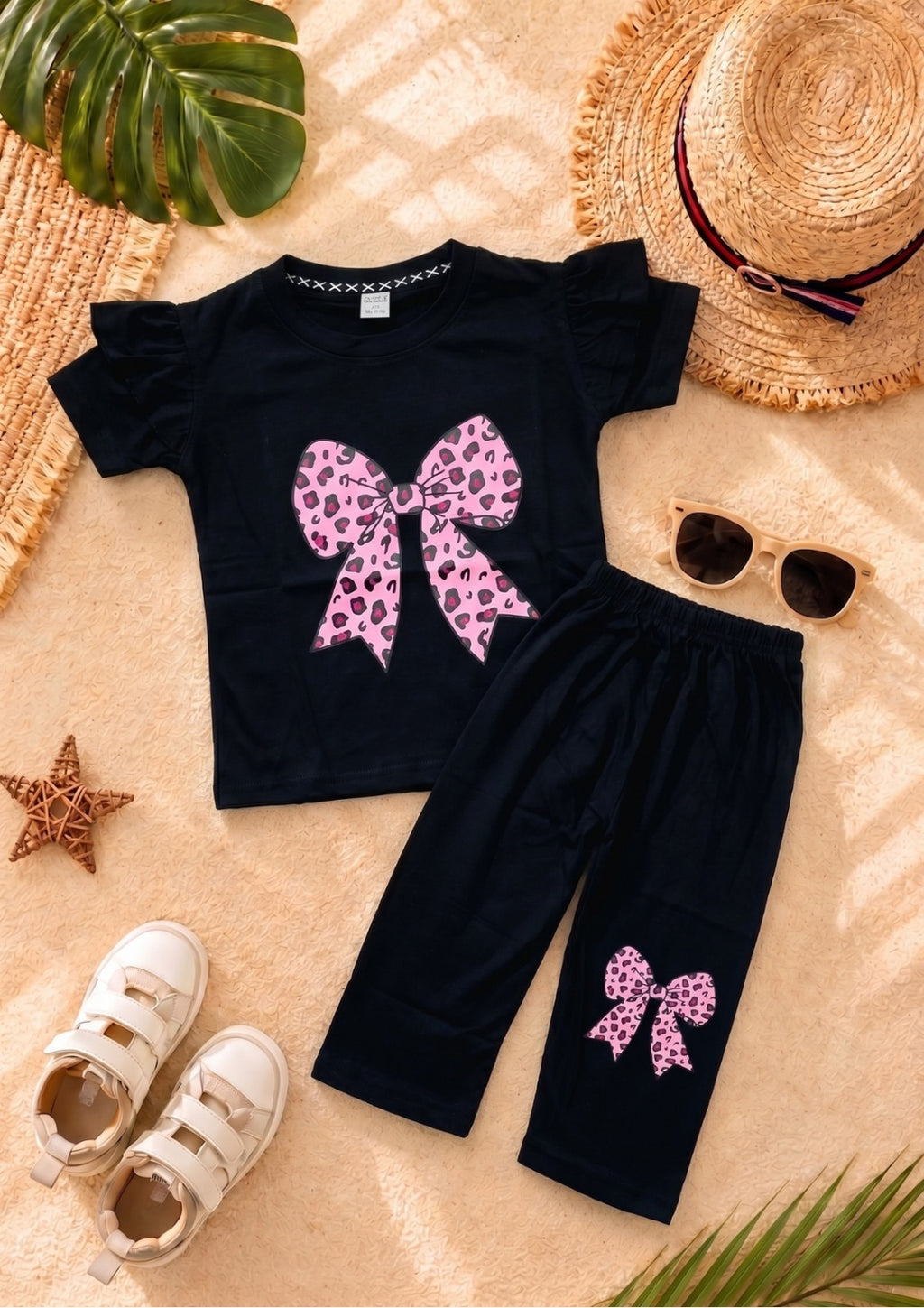 Black,Pink Leopard Beni girl T-shirt --Long Pant Sets