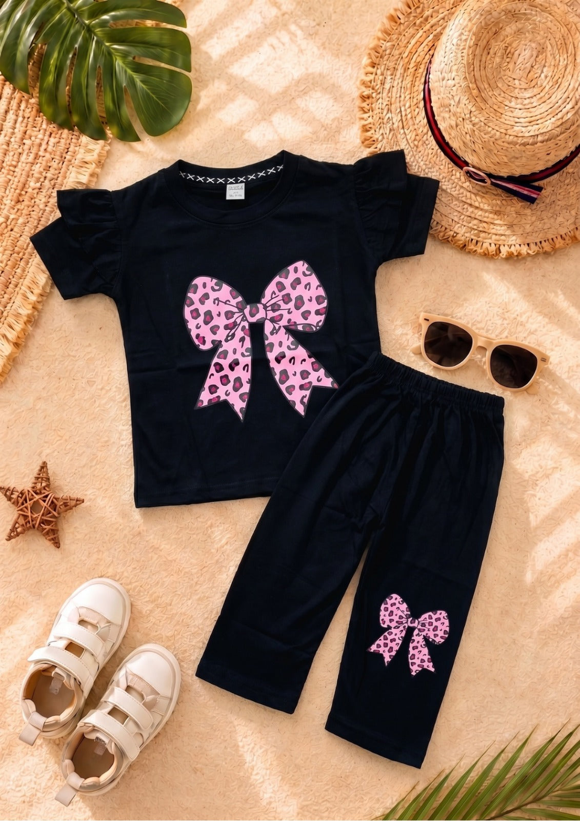 Black,Pink Leopard Beni girl T-shirt --Long Pant Sets