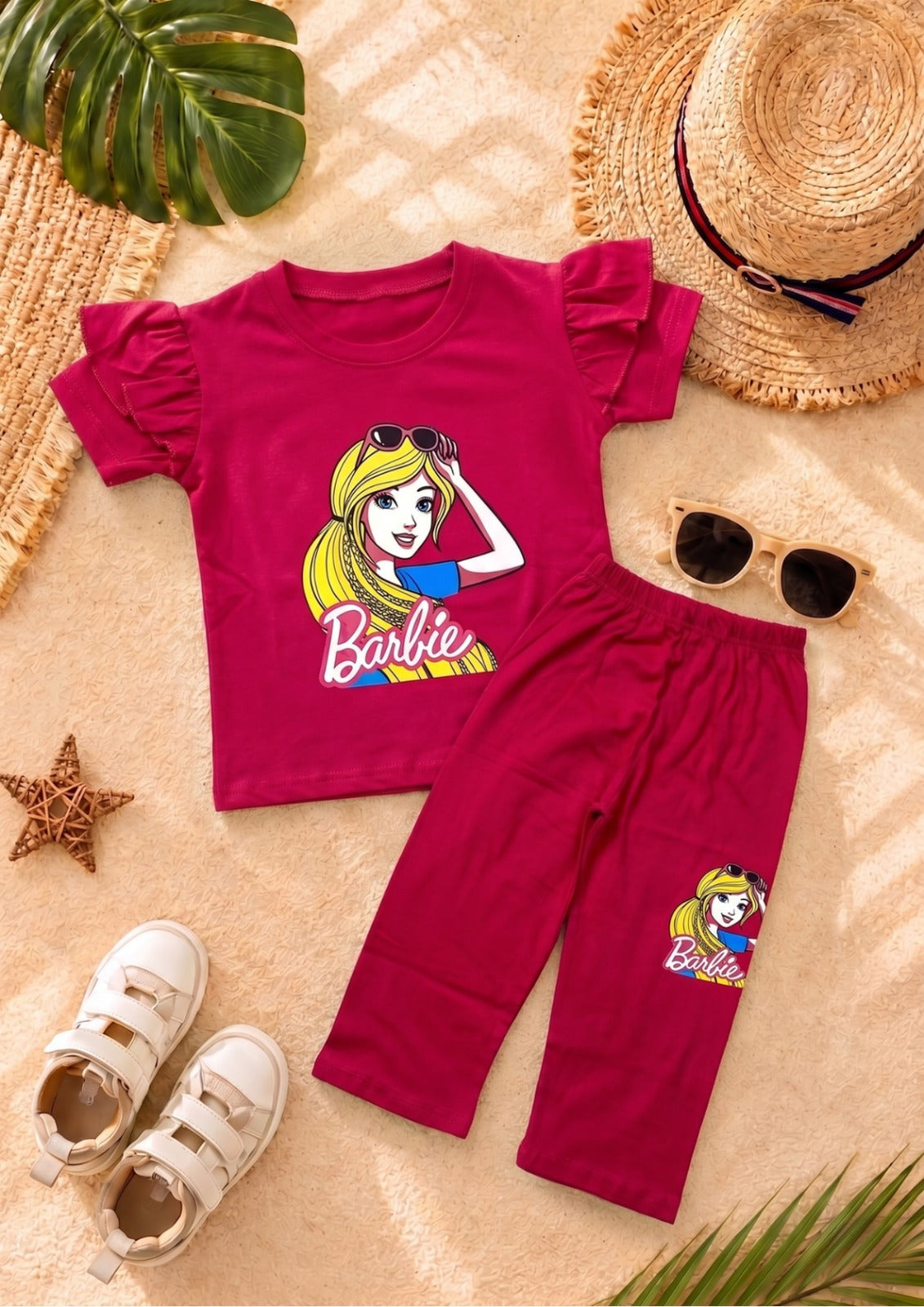 Pink Golden Hair Barbie girl T-shirt --Long Pant Sets