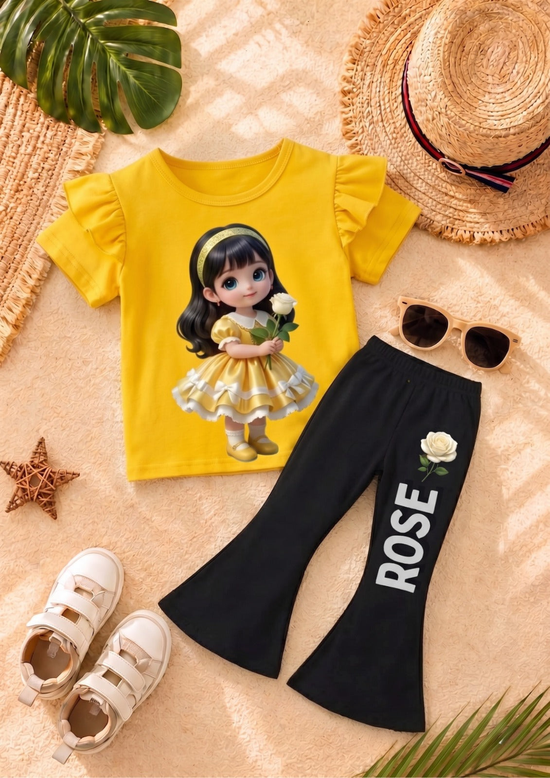 Yeollo White Rose Doll girl T-shirt --Long Pant Sets