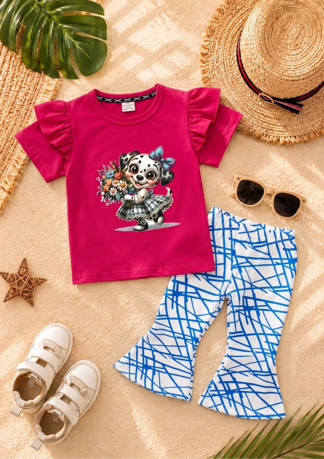 Pink Flowers Dog girl T-shirt --Long Pant Sets