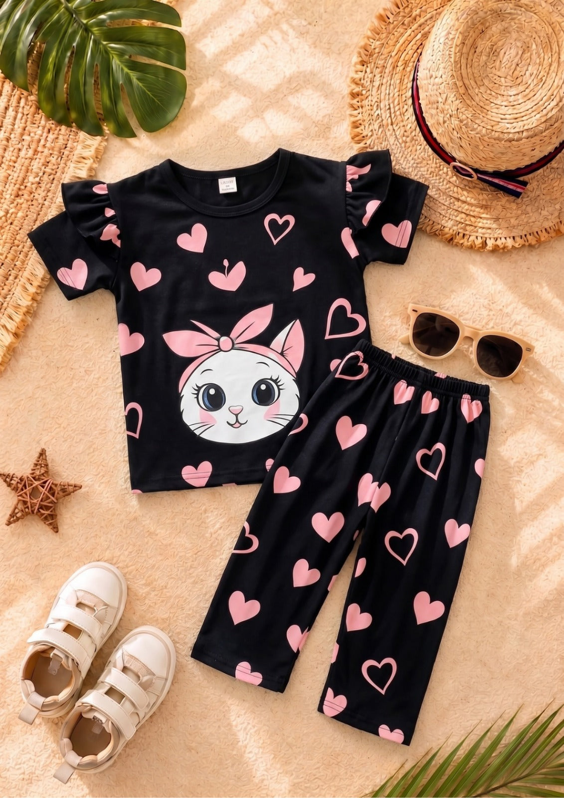 Black lovely cat girl T-shirt --Long Pant Sets