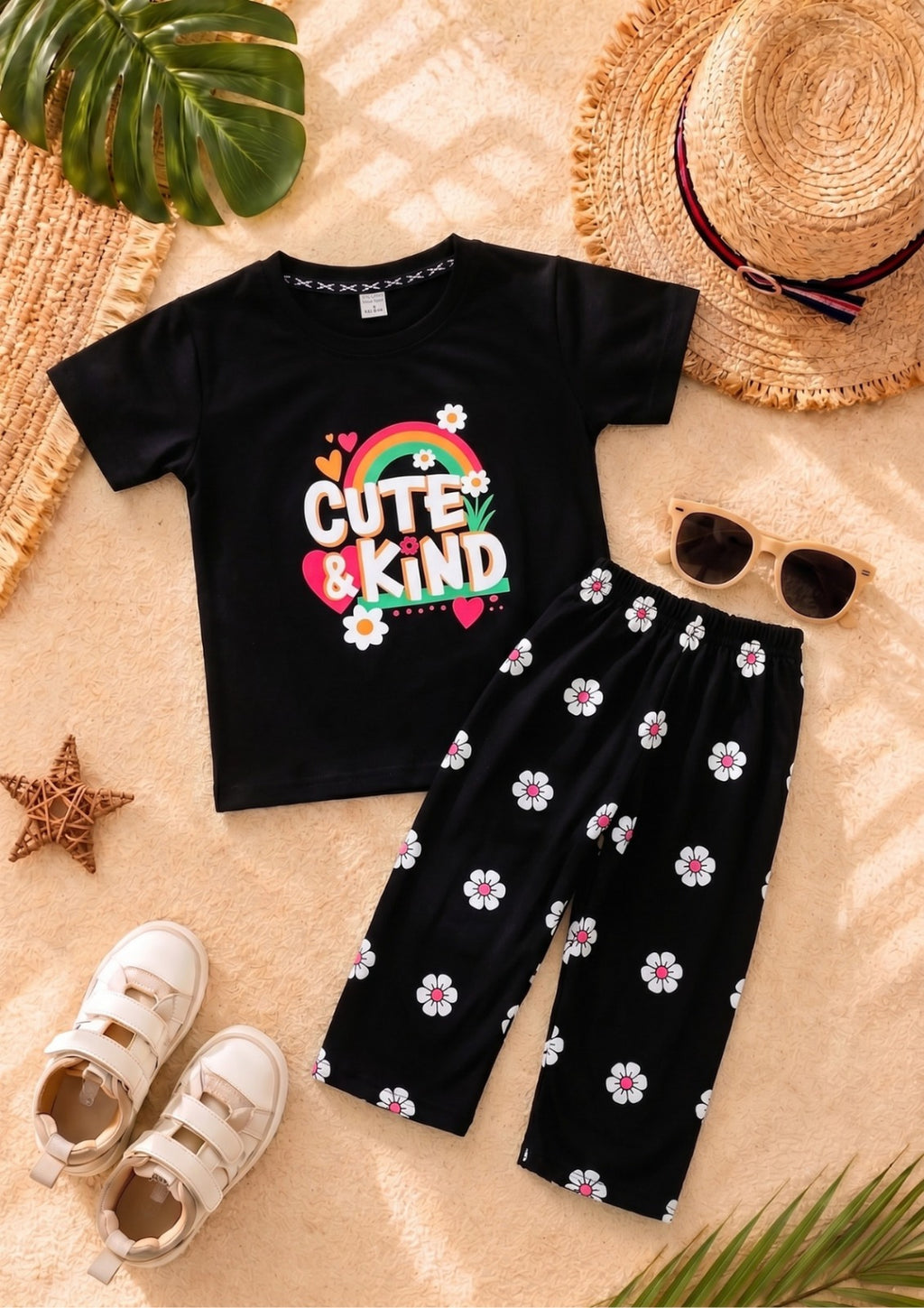 Black Cute Kind girl T-shirt --Long Pant Sets