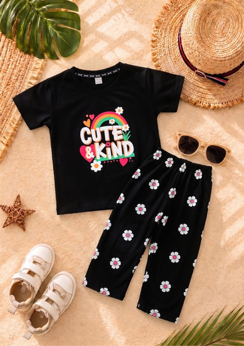 Black Cute Kind girl T-shirt --Long Pant Sets