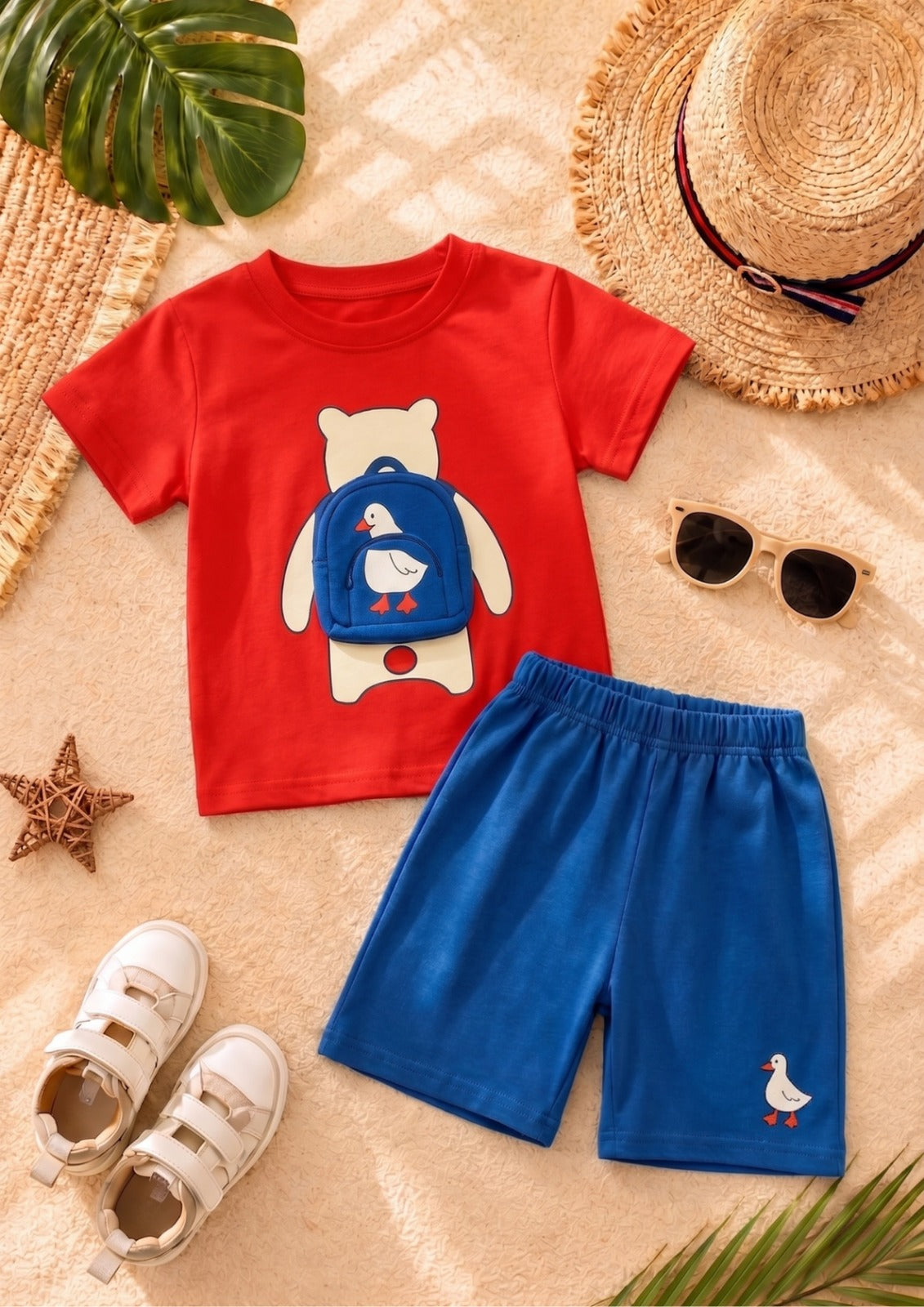 Happy Teddy Monogram Pattern Boys Summer Outfit